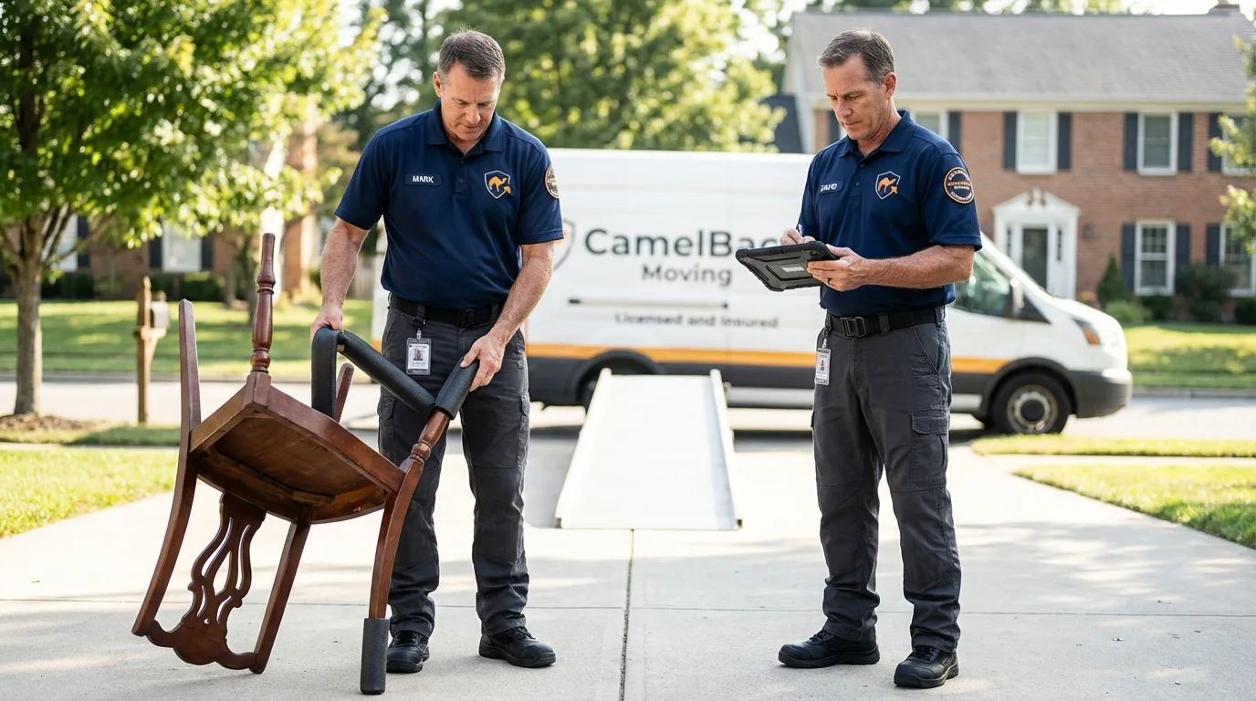 Movers inspecting furniture for damage prevention before loading in Henniker, NH