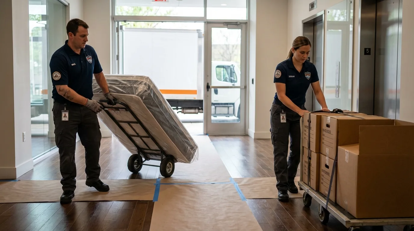 Professional apartment movers loading elevator in Henniker, NH