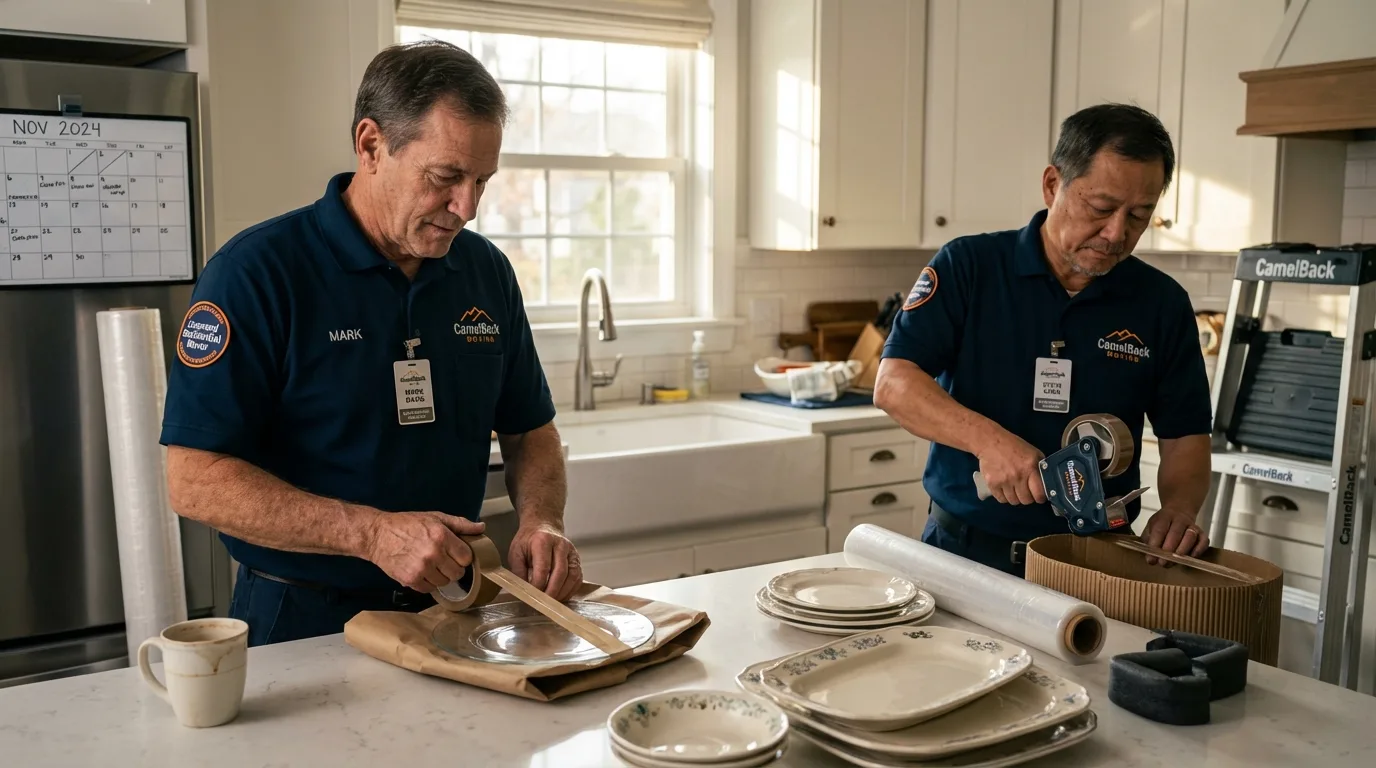 Professional crew packing kitchen dishware in Henniker, NH